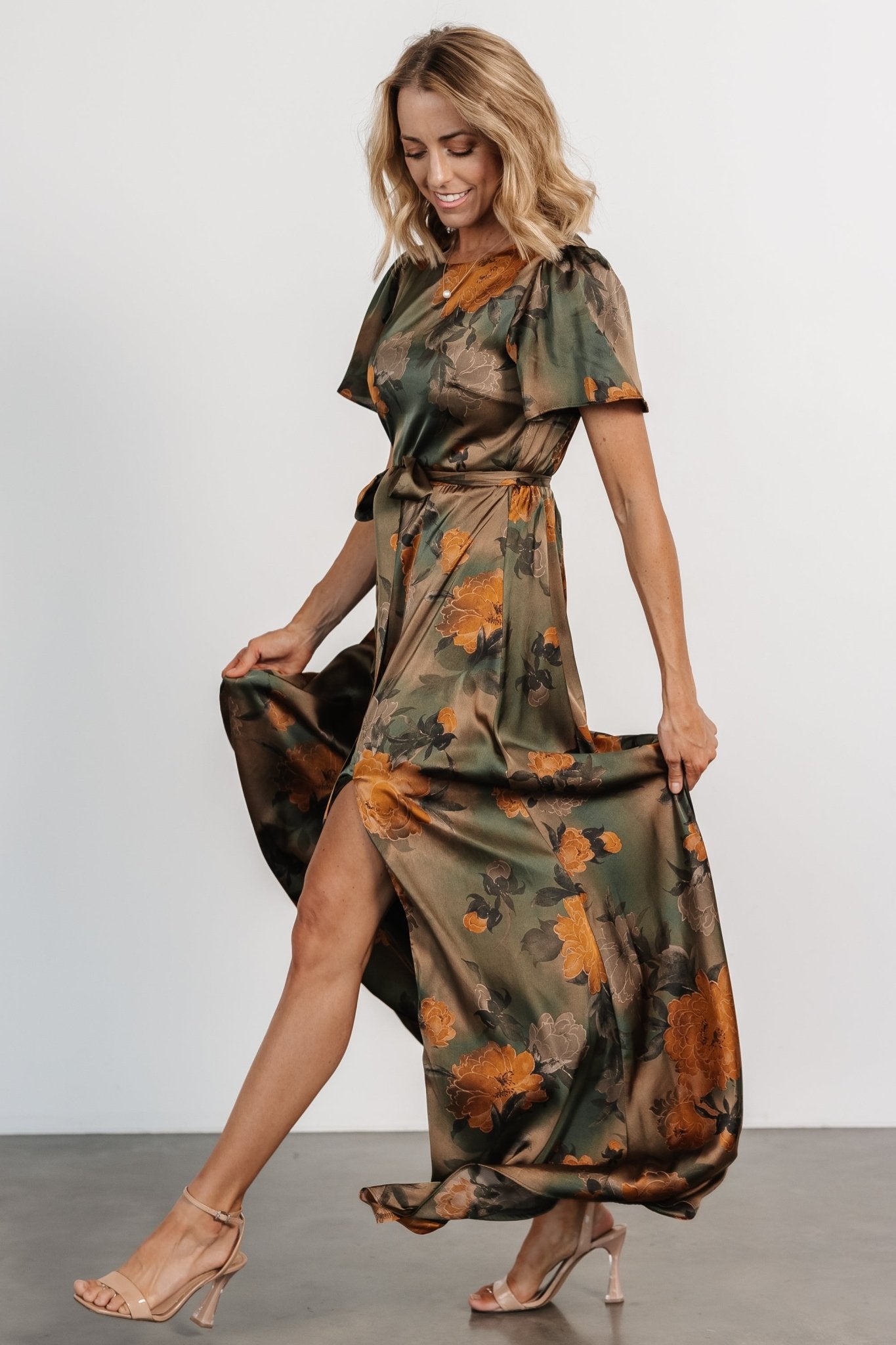 Agnes Satin Maxi Dress | Olive Floral - Baltic Born