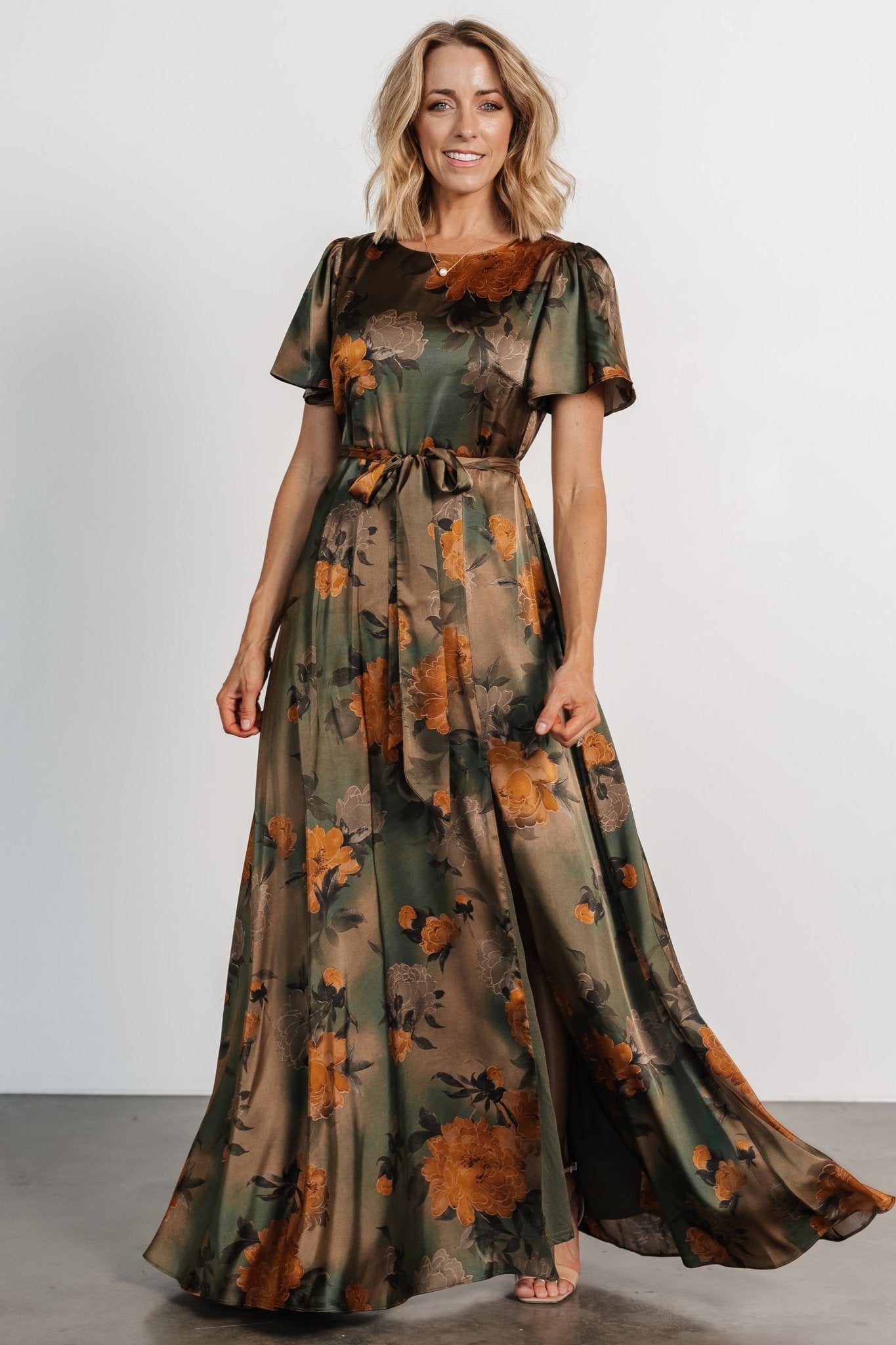 Agnes Satin Maxi Dress | Olive Floral - Baltic Born