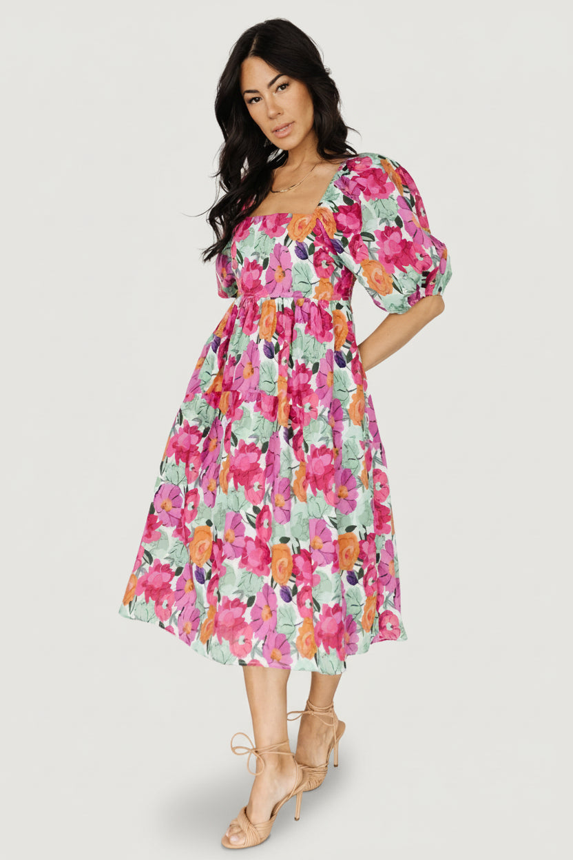 Aimee Puff Sleeve Midi Dress | Pink Multi
