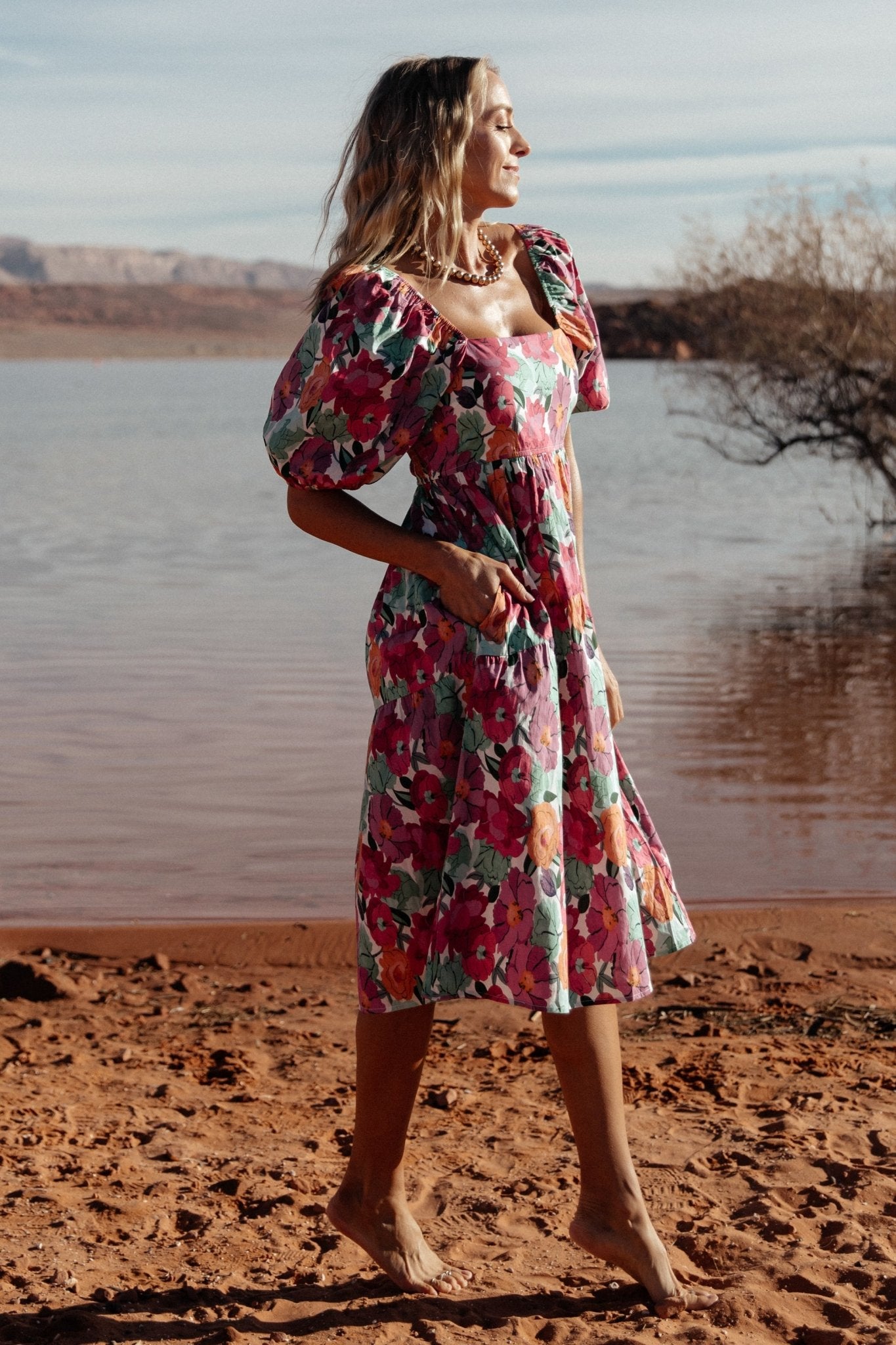 Baltic Born Womens Aimee Puff Sleeve Midi Dress | Pink Multi