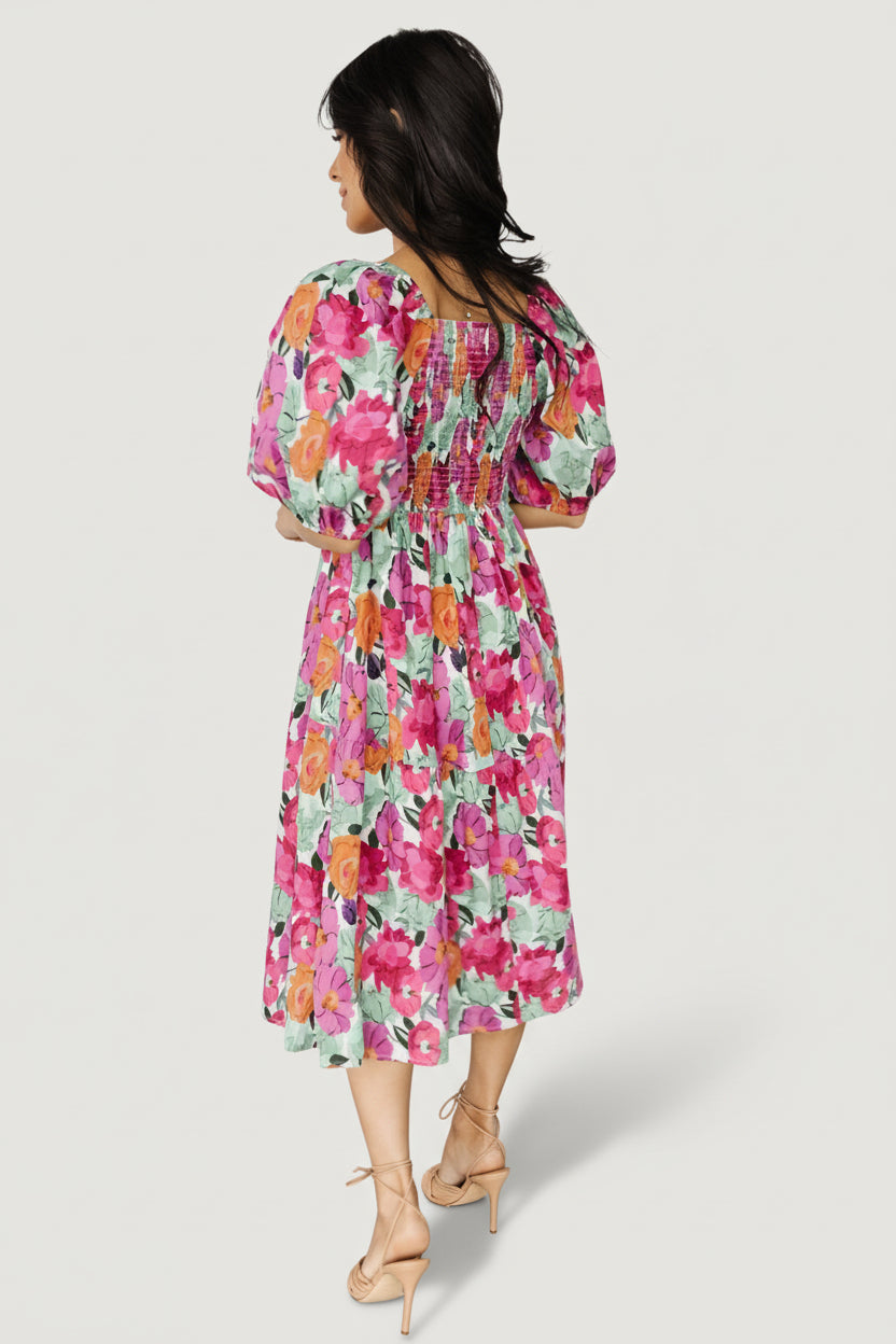Aimee Puff Sleeve Midi Dress | Pink Multi - M Aimee Puff Sleeve Midi Dress | Pink Multi - M