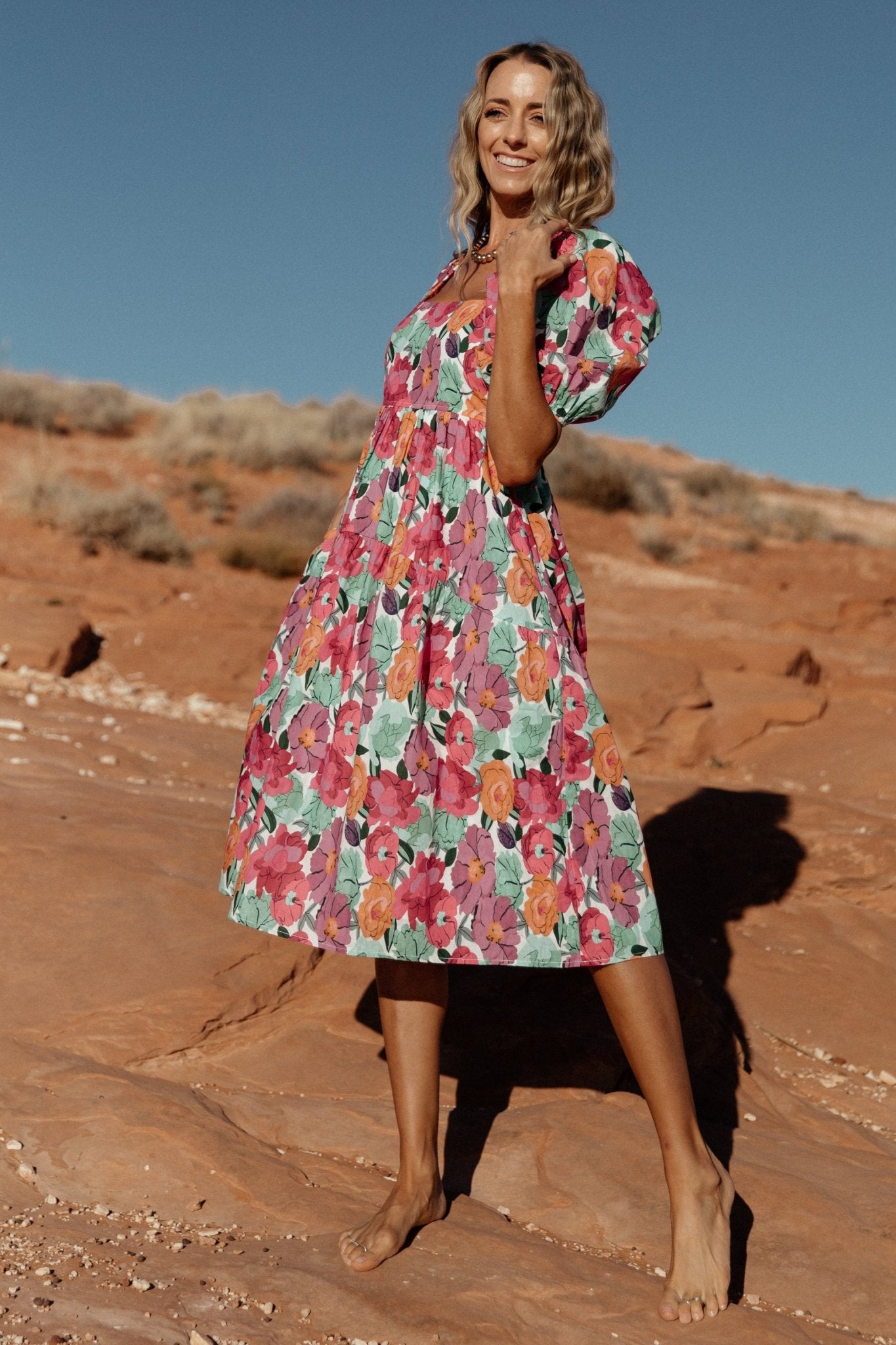 Aimee Puff Sleeve Midi Dress | Pink Multi - M Aimee Puff Sleeve Midi Dress | Pink Multi - M