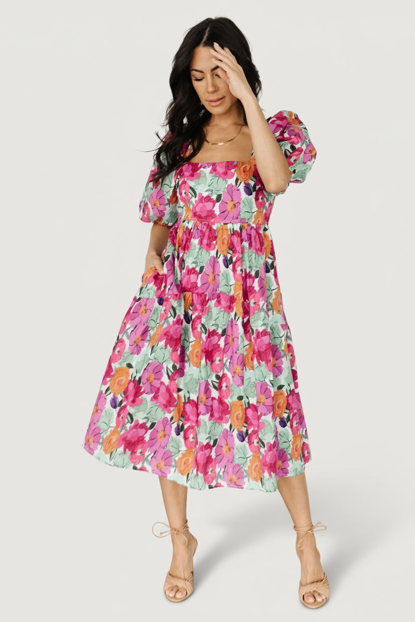 Aimee Puff Sleeve Midi Dress | Pink Multi - M Aimee Puff Sleeve Midi Dress | Pink Multi - M