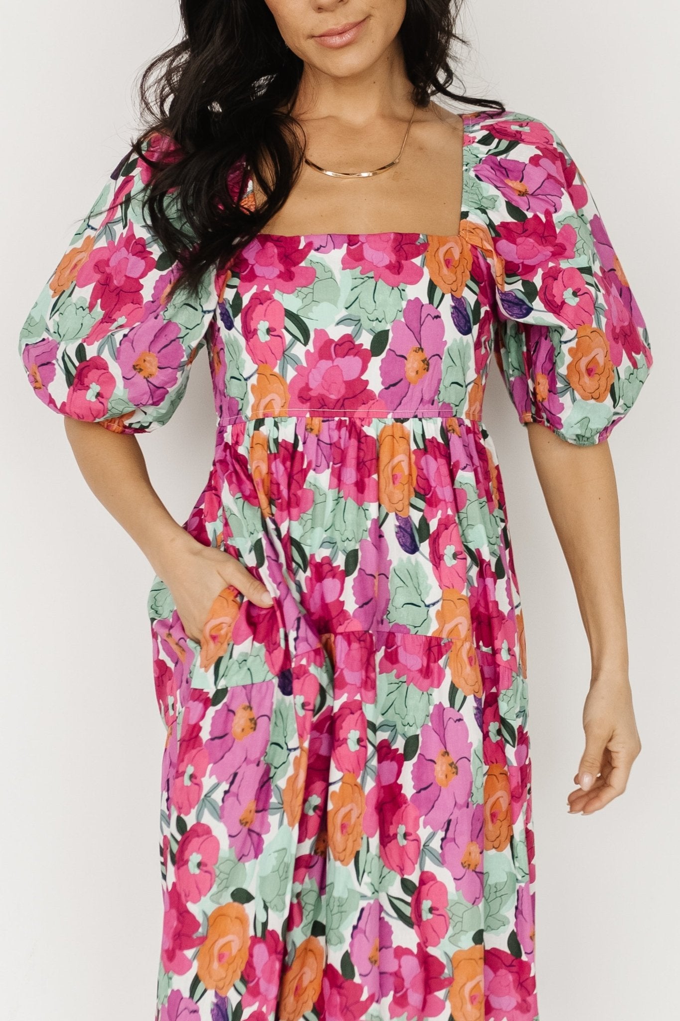 Aimee Puff Sleeve Midi Dress | Pink Multi - M Aimee Puff Sleeve Midi Dress | Pink Multi - M
