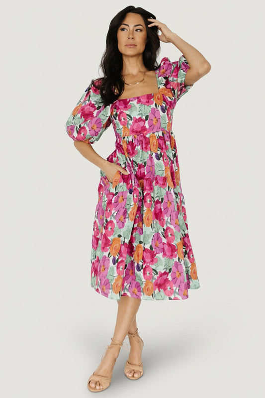Aimee Puff Sleeve Midi Dress | Pink Multi