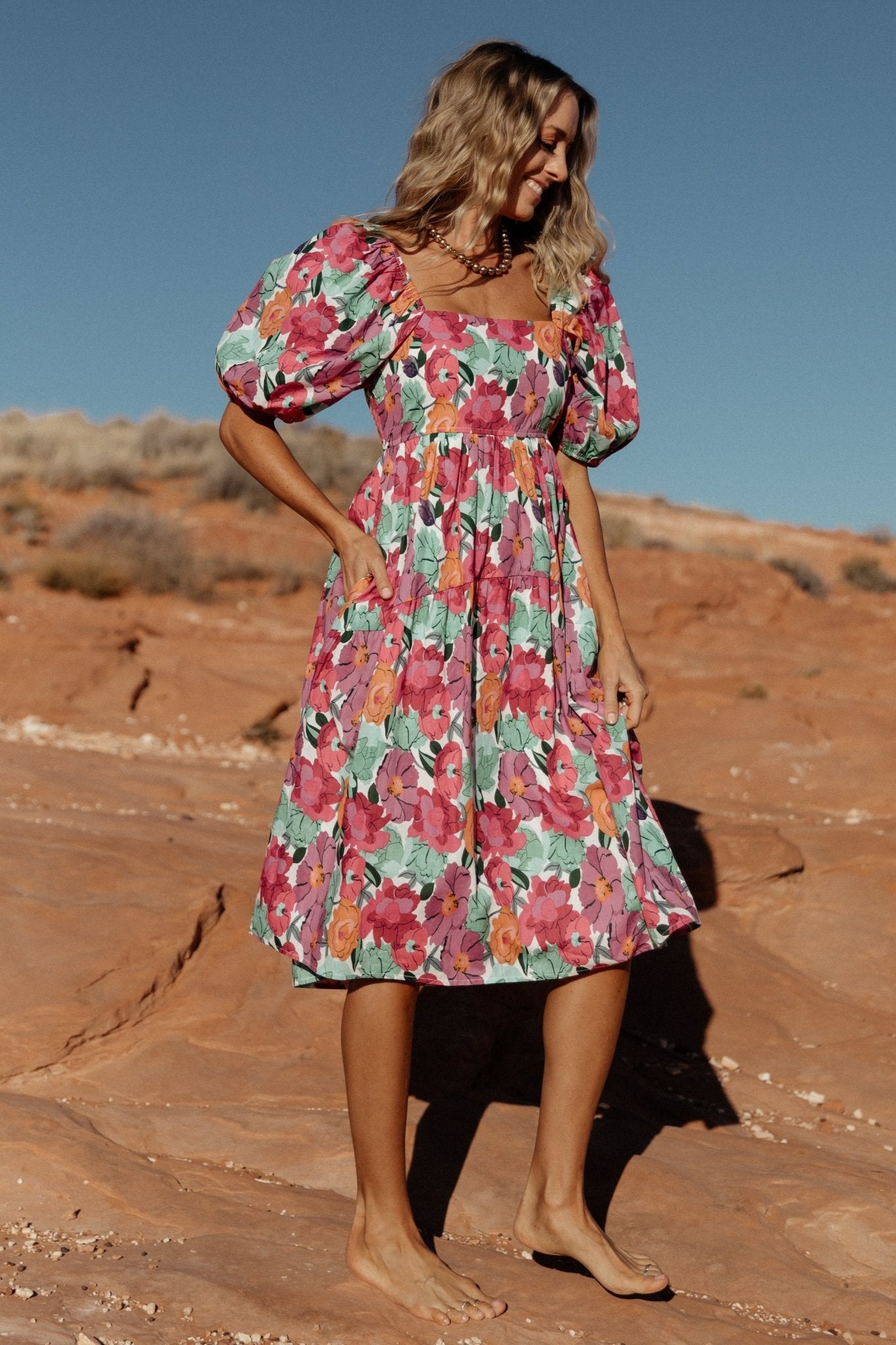 Baltic Born Womens Aimee Puff Sleeve Midi Dress | Pink Multi