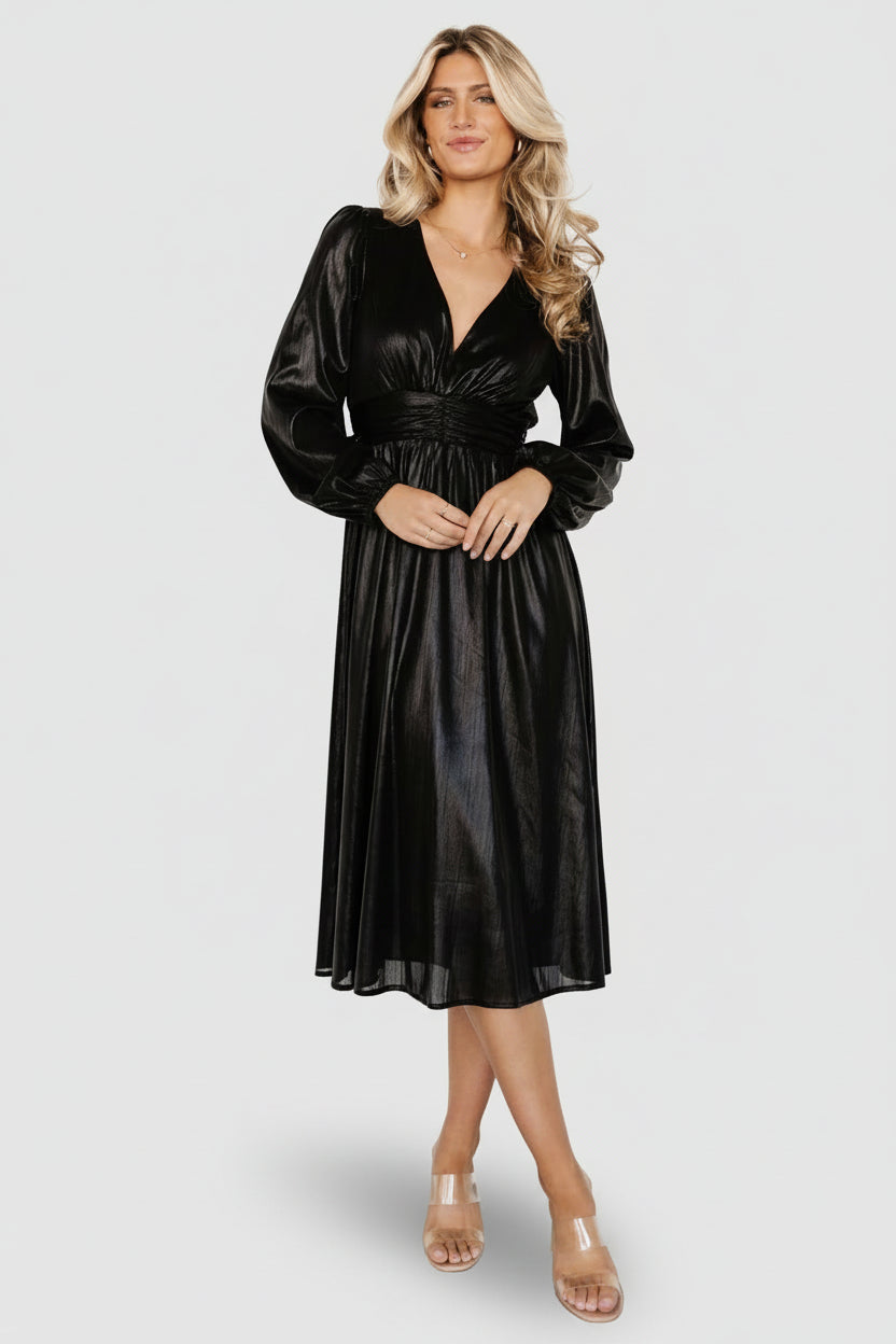 Front view of Aisha Shimmer Midi Dress in black showing deep V-neck, gathered bodice, and midi-length skirt with subtle shimmer finish.
