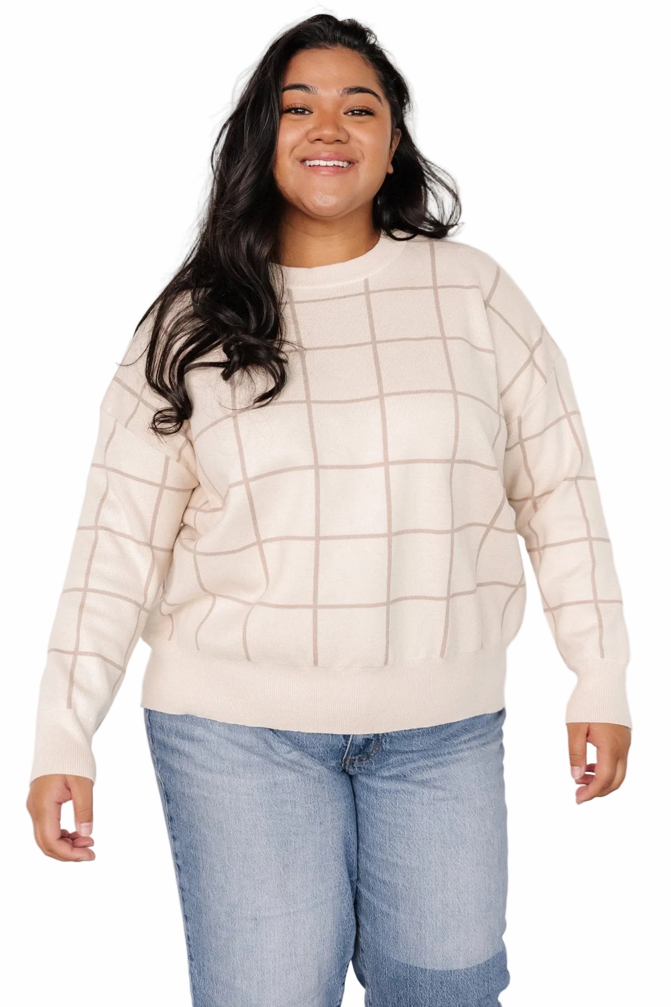 Detailed view of Alden sweater neckline and shoulder seam, emphasizing round ribbed neckline and soft, stretchy knit.