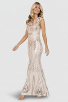 Close-up detail of rose-gold sequins on the Alessia gown with nude lining visible, showing sequin texture and shimmer.