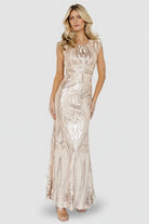 Front view of Alessia Sequin Gown in champagne showing rose-gold sequins, high round neckline, cap sleeves and mermaid skirt (detailed close).