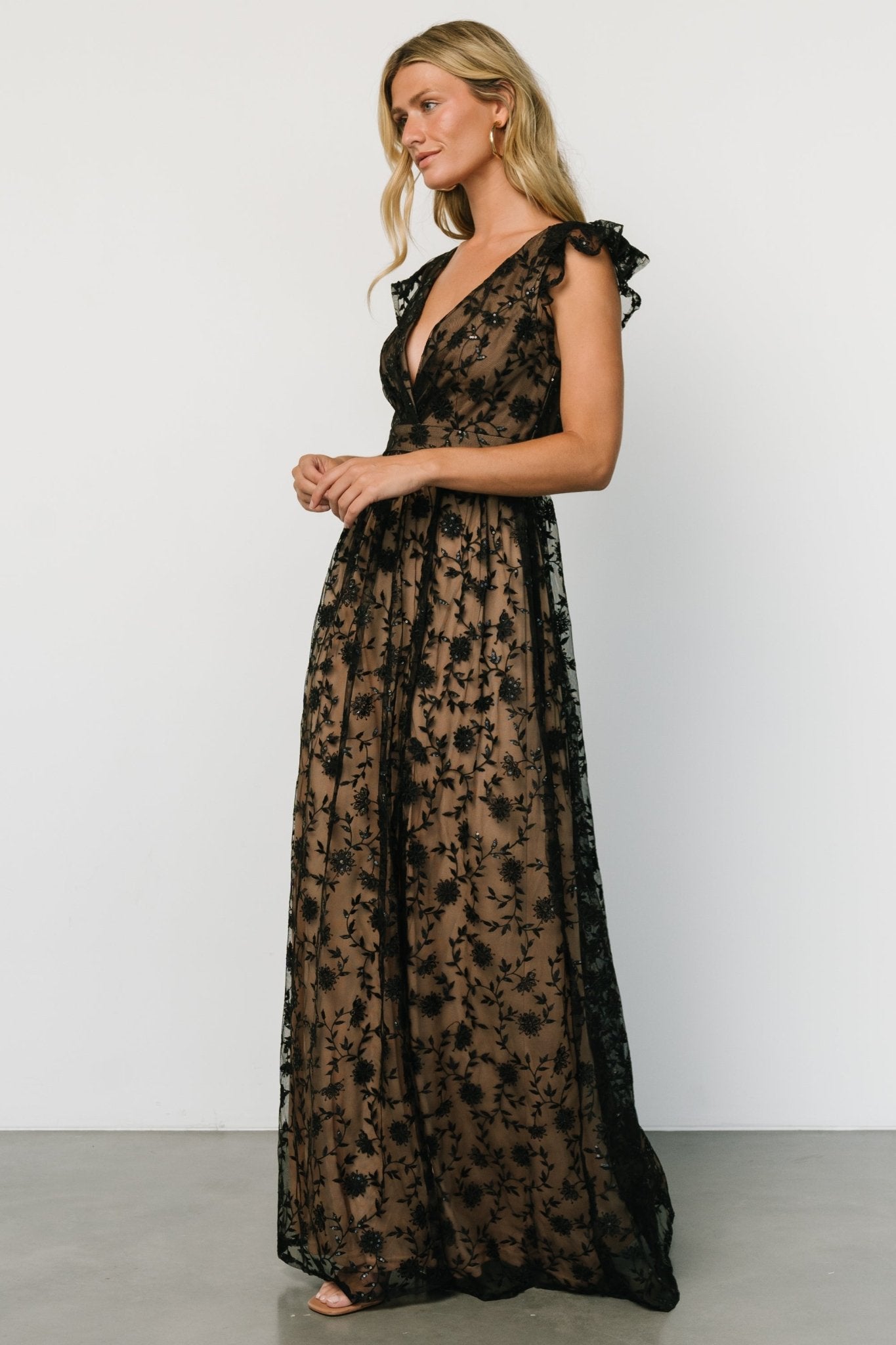 Alexa Embroidered Sequin Maxi Dress | Black + Nude - Baltic Born