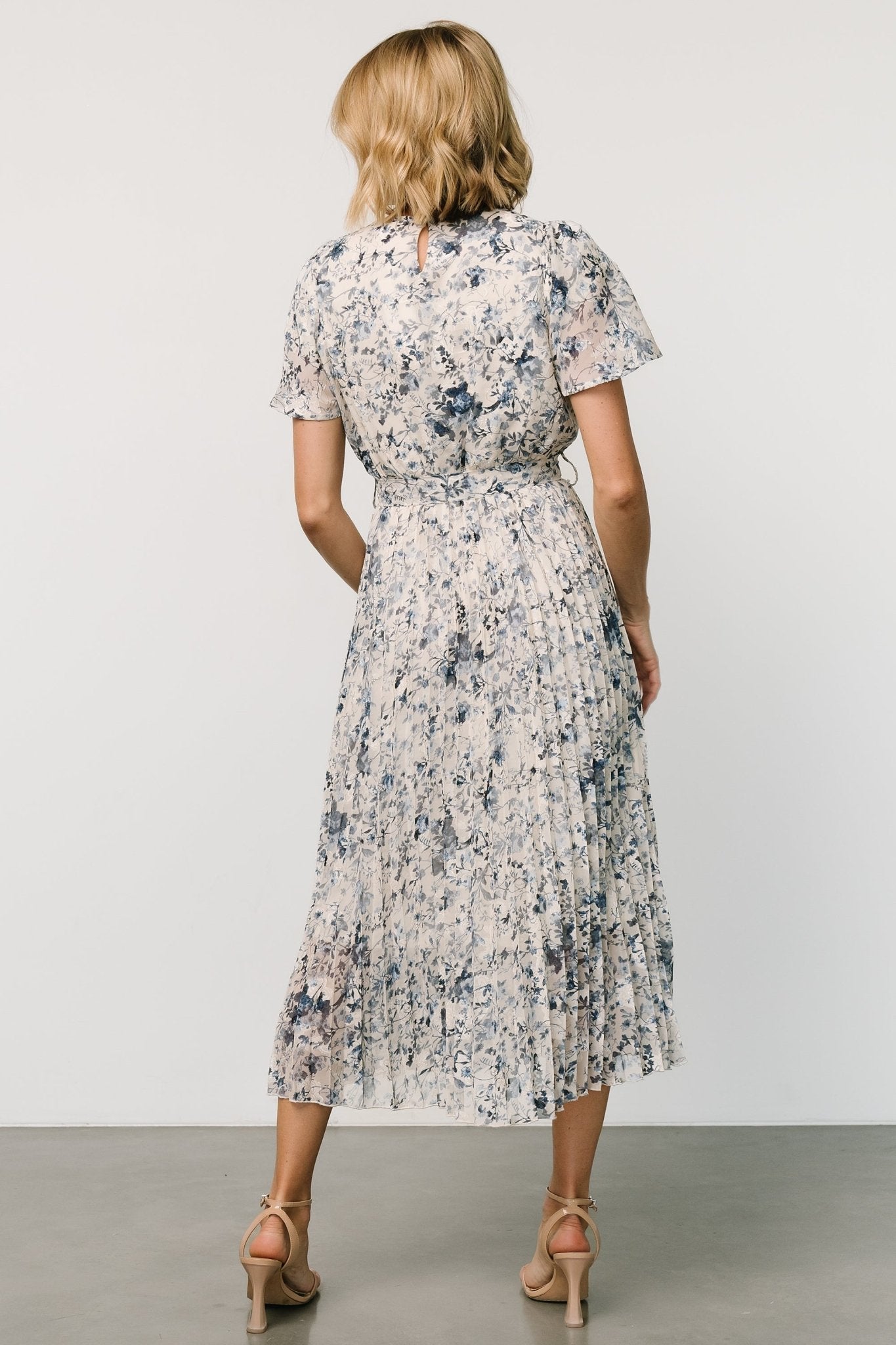 Alexandra Pleated Dress | Off White + Blue - Baltic Born