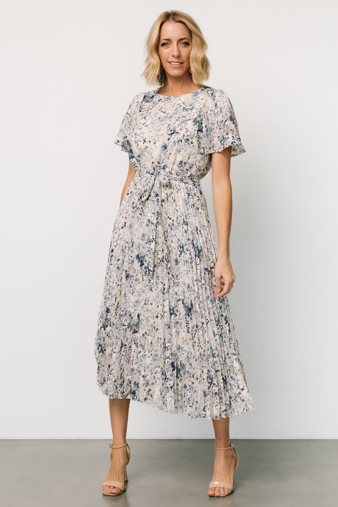 Alexandra Pleated Dress | Off White + Blue - Baltic Born