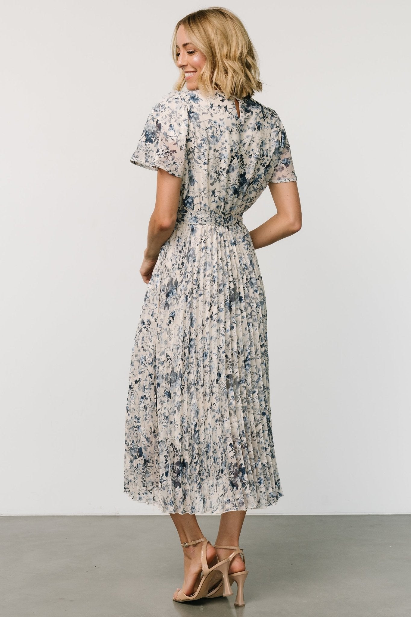 Alexandra Pleated Dress | Off White + Blue - Baltic Born