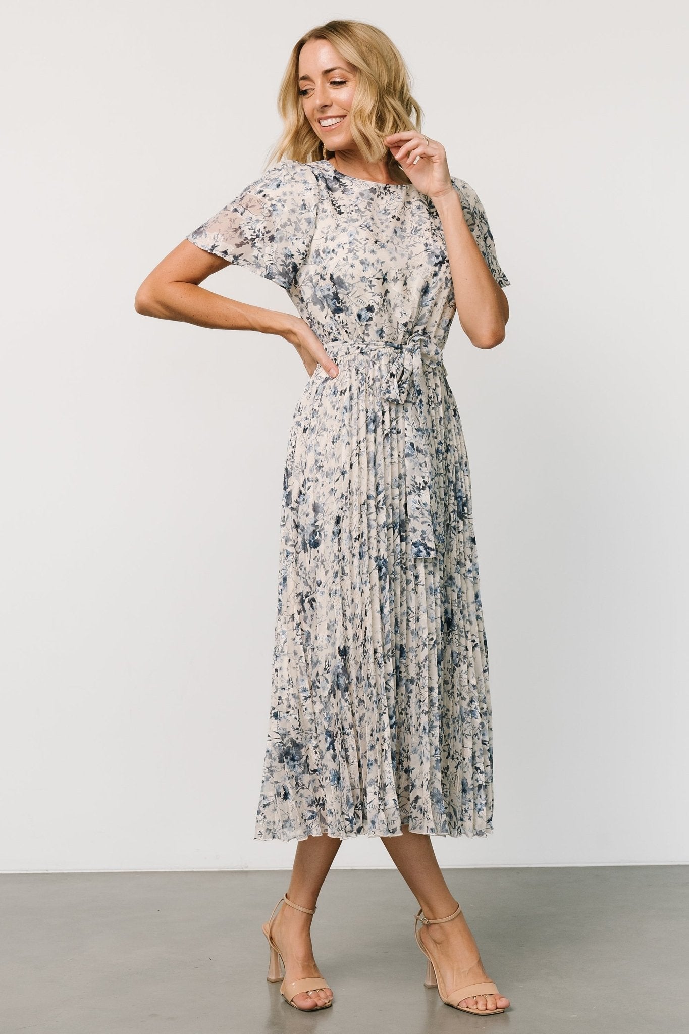 Alexandra Pleated Dress | Off White + Blue - Baltic Born