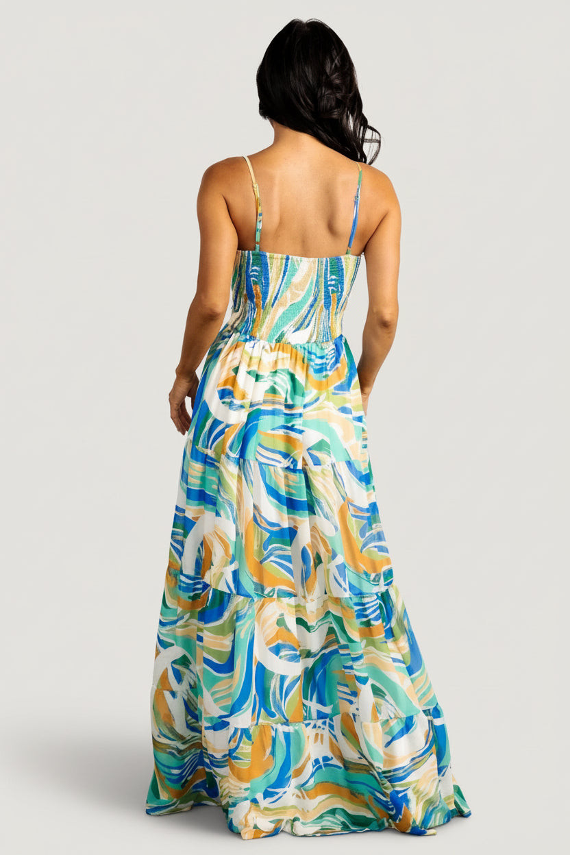 Close-up of the bust area displaying the self-tie knot, keyhole detail, and V-neckline on the Alexis maxi dress.