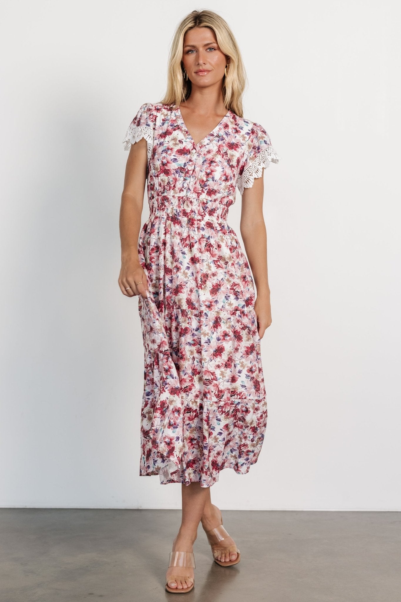 Oasis gewollt ruffle wrap skirt midi dress berry