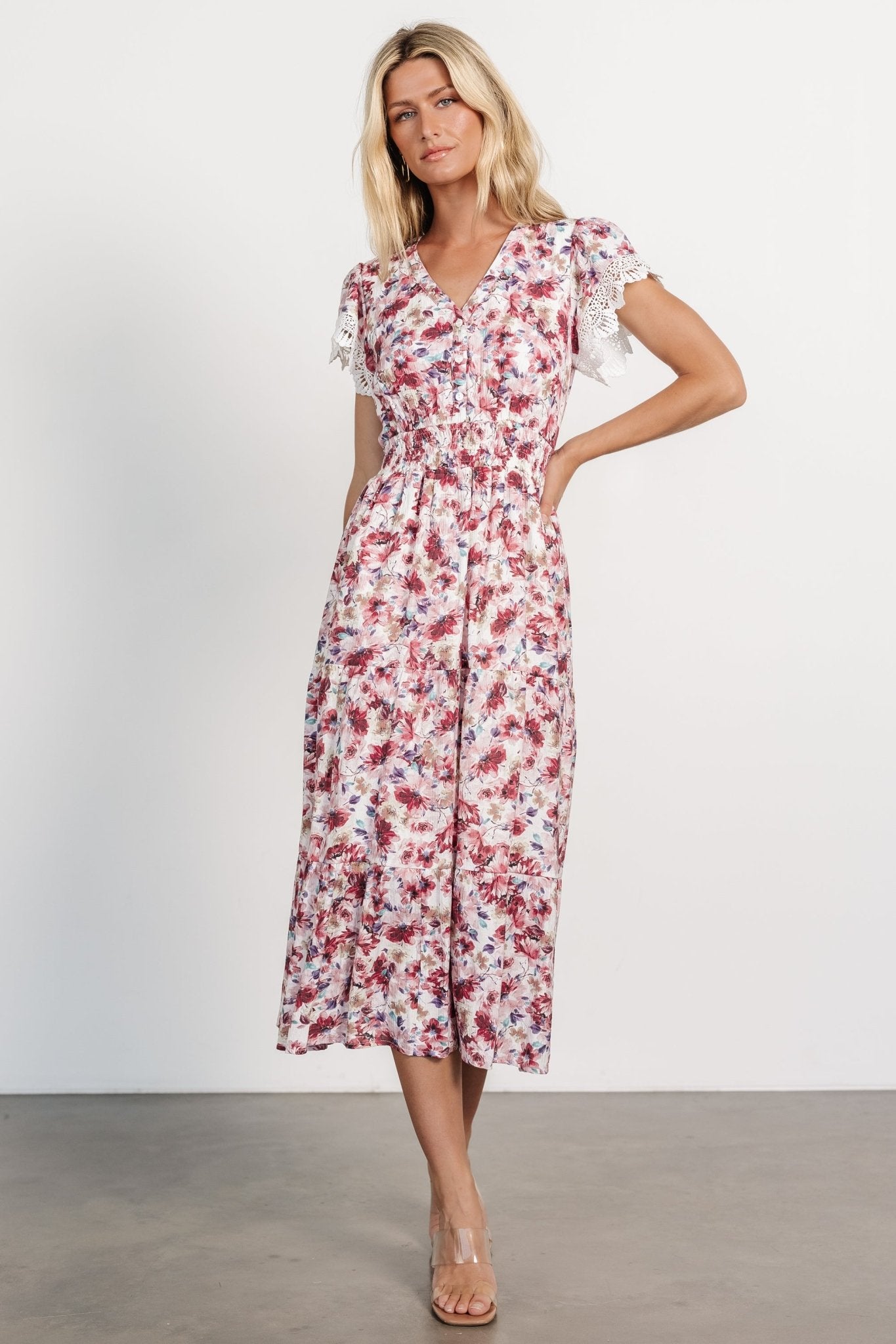 Front view of Aliyah Midi Dress in berry floral on model, showing the V-neck, functional buttons, smocked waist and midi length for a feminine silhouette.