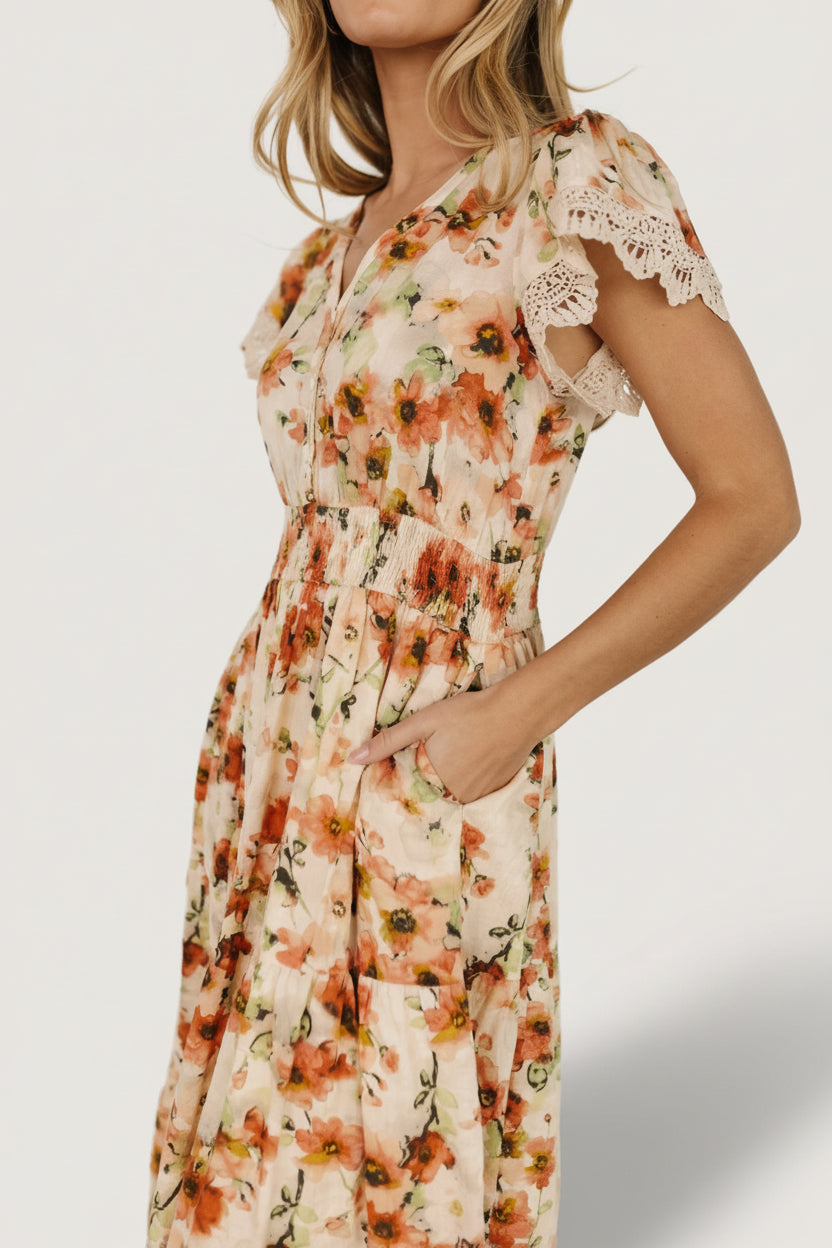 Back view of the Aliyah Midi Dress in coral floral print showing gathered shoulder detail and the relaxed midi-length silhouette.