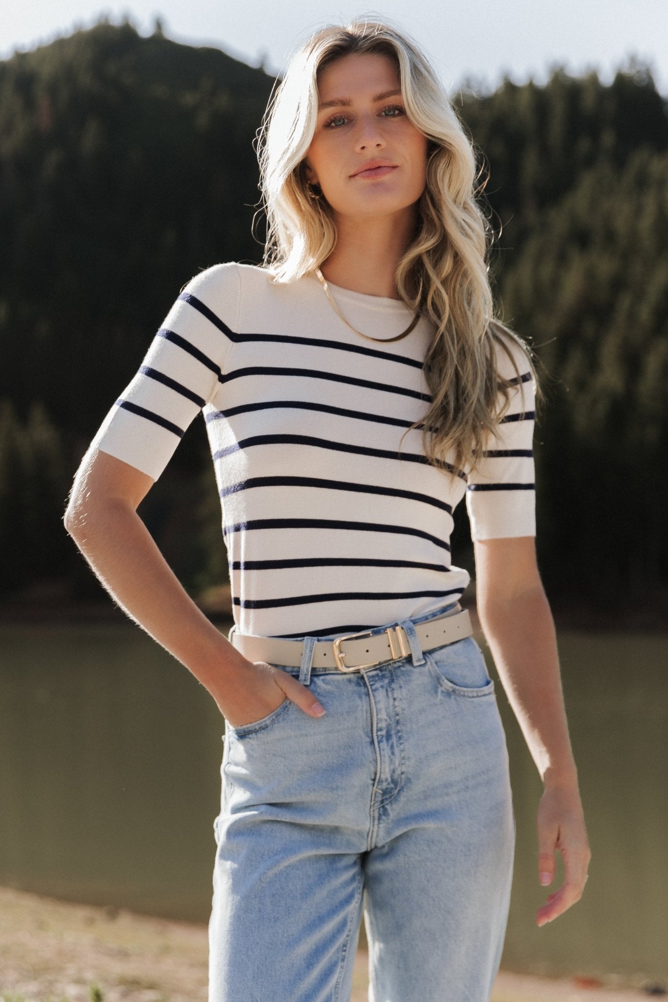 Alyson Knit Top | Ivory + Navy - Baltic Born