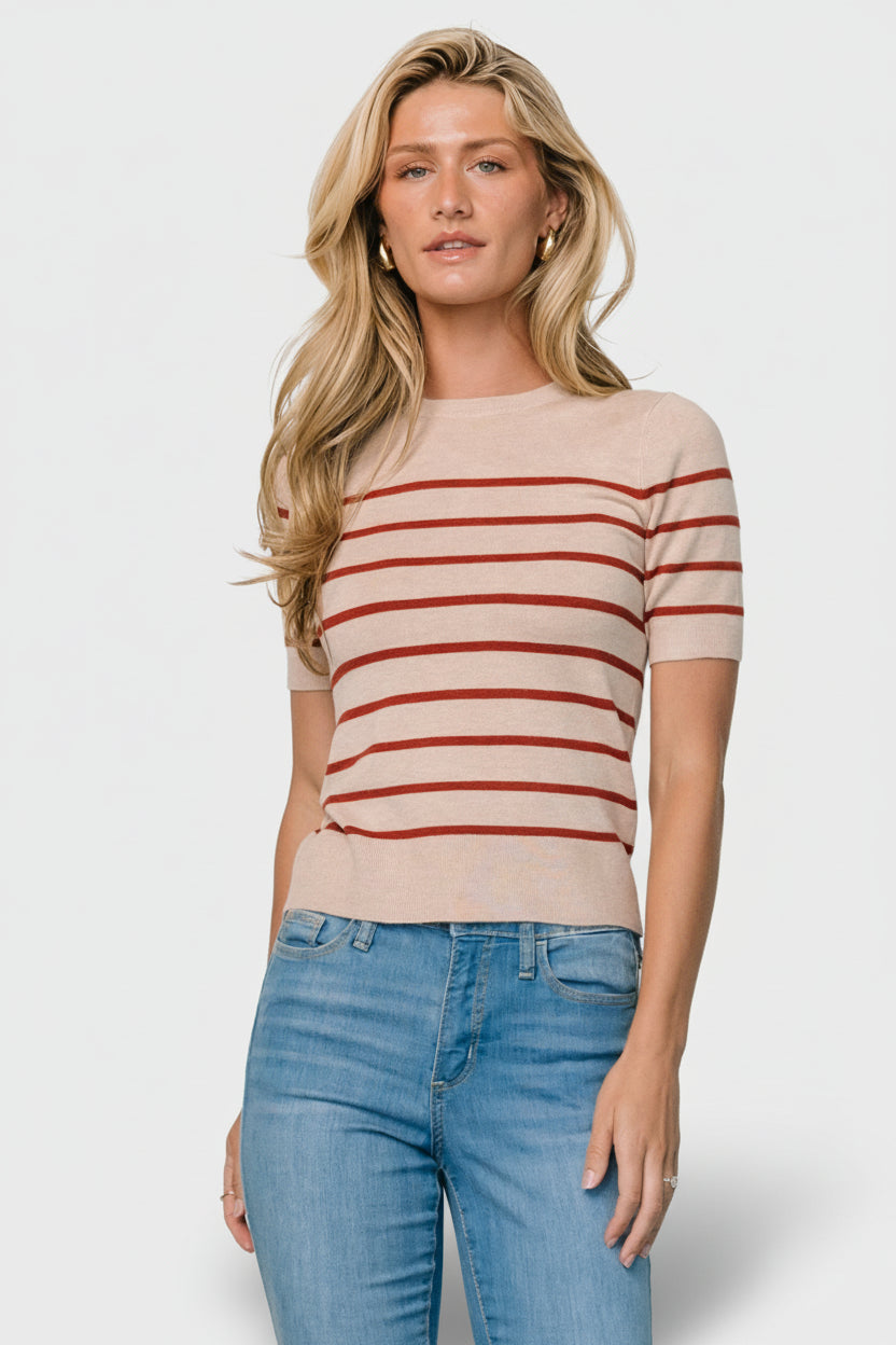Detail shot of the Alyson Knit Top sleeve and round neckline showing the short-sleeve hem and neat finishing in the striped knit.