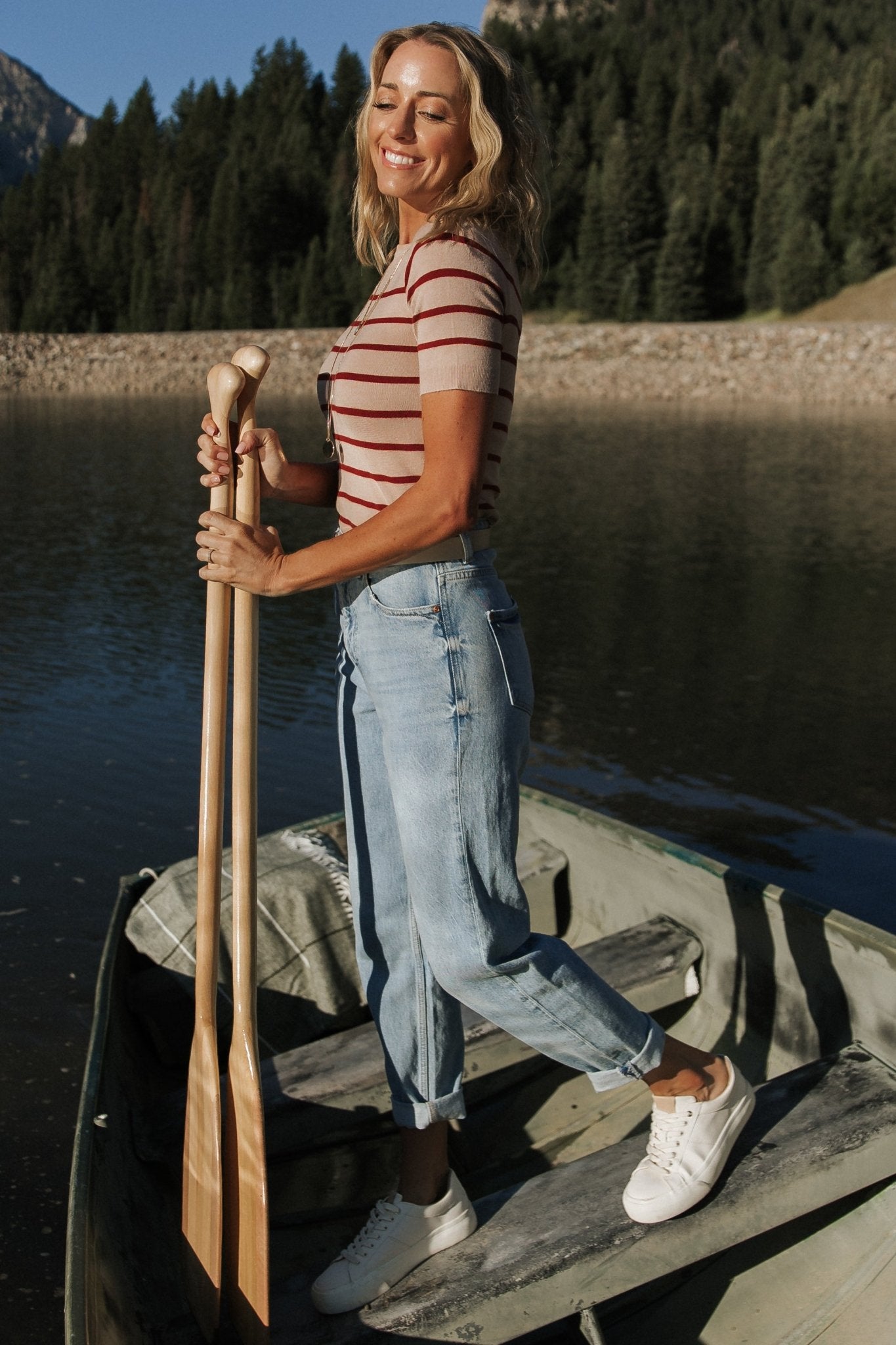 Styled flat-lay of Alyson Knit Top in oatmeal and rust with coordinating accessories to show styling options and color palette.