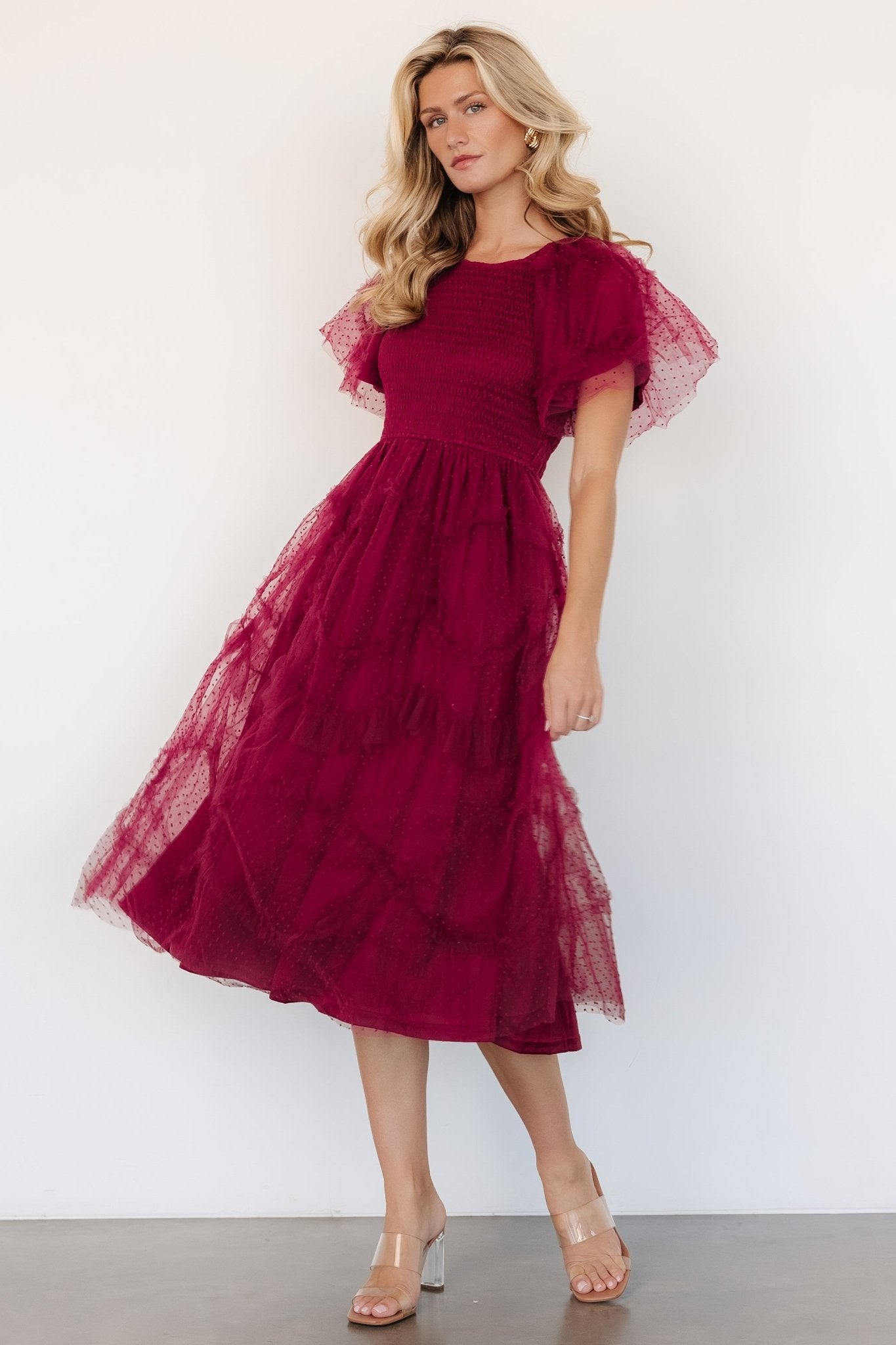 Ambrose Dotted Tulle Midi Dress | Burgundy - Baltic Born