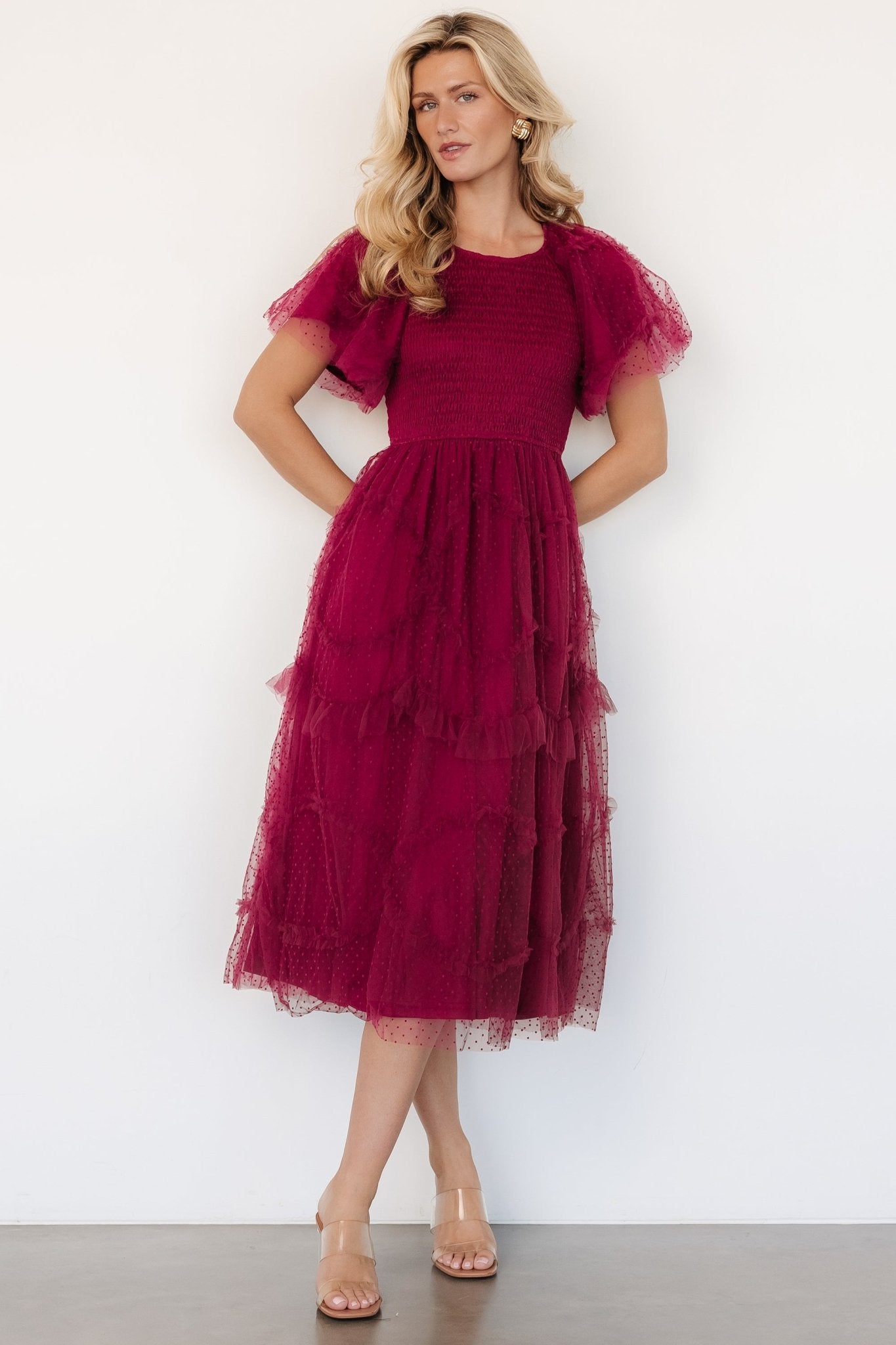 Ambrose Dotted Tulle Midi Dress | Burgundy - Baltic Born