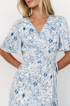 Close-up of blue floral crepe fabric and skirt drape on Amelie Wrap Midi Dress, highlighting lining and subtle texture.