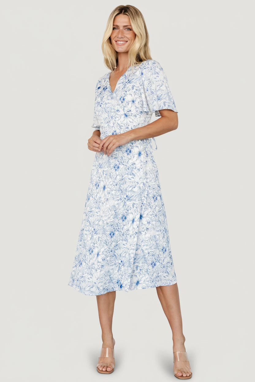 Baltic Born Womens Amelie Wrap Midi Dress | Blue Print | Size: XL Baltic Born Womens Amelie Wrap Midi Dress | Blue Print | Size: XL