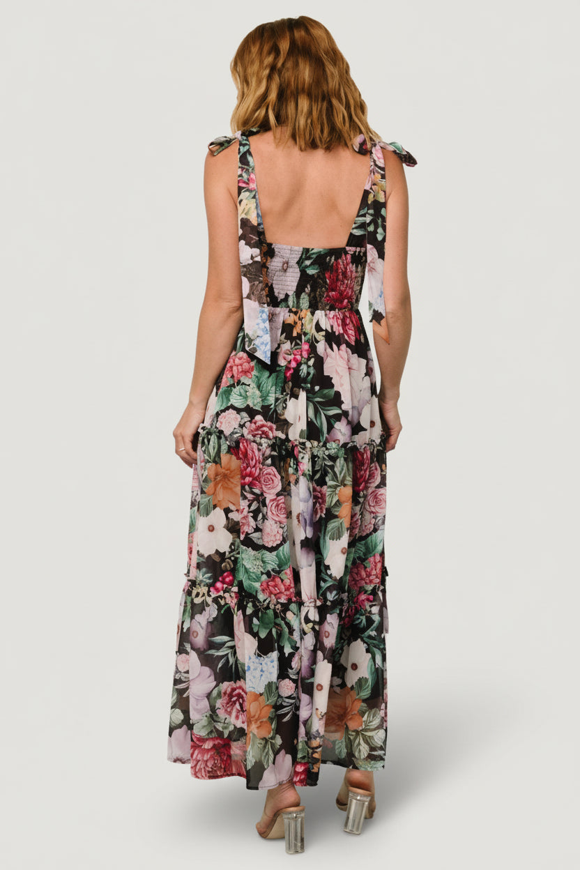 Side view of the Anita Maxi Dress showing the tiered skirt movement, adjustable straps, and fully lined interior for smooth coverage.