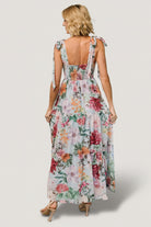 Detail view of chiffon fabric and lining showing texture of the Light Blue Multi Floral Anita Maxi Dress.