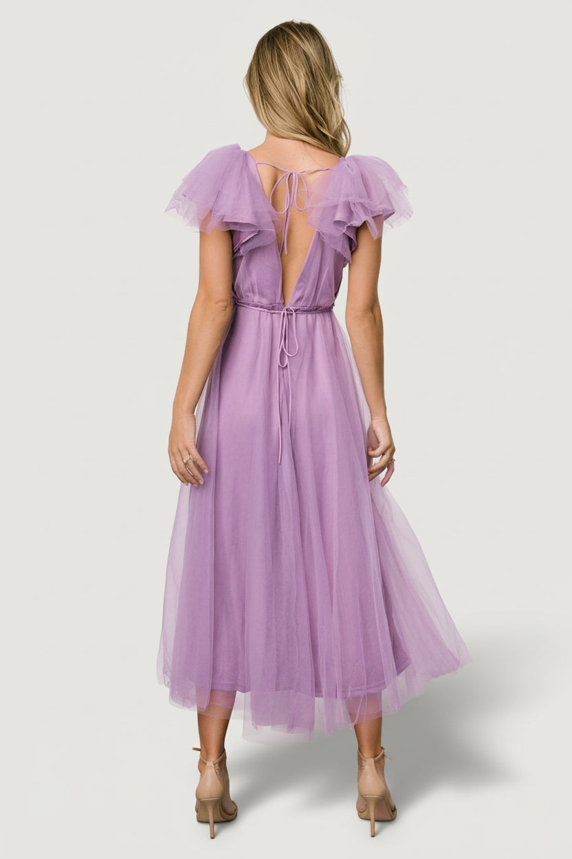 Detail of Annabella Tulle Midi Dress lavender showing satin lining edge and tulle overlay layers for a smooth, structured fit.