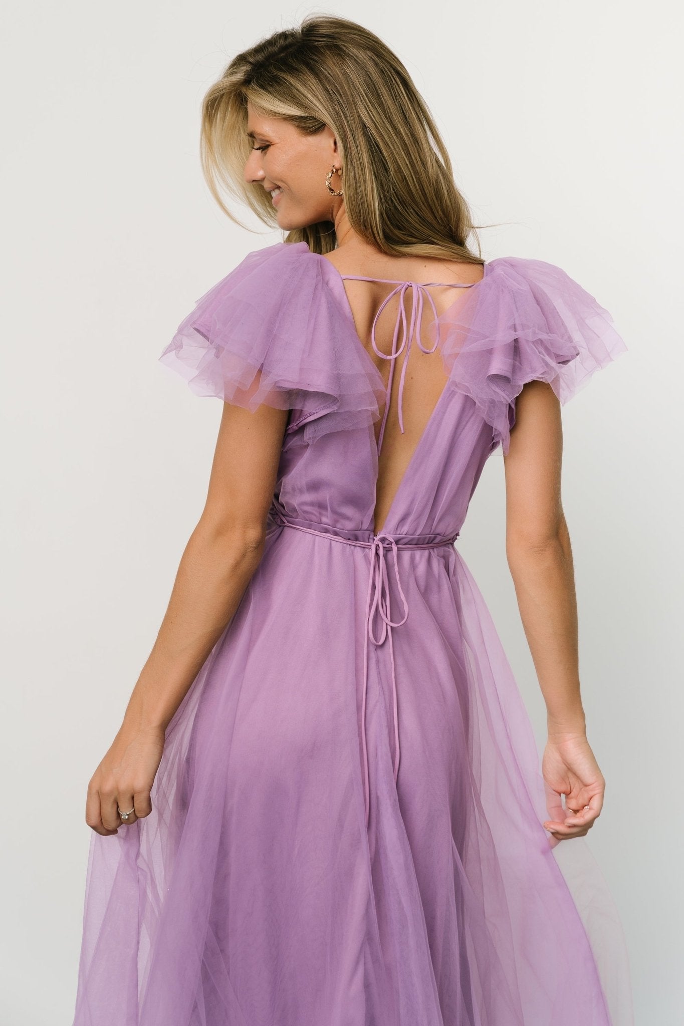 Close-up of Annabella Tulle Midi Dress lavender fabric and ruffle tank sleeve detail, highlighting delicate nylon tulle texture and construction.