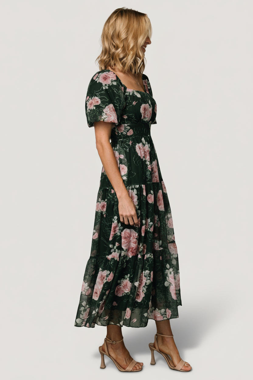 Annabeth Tulle Midi Dress - Dark Green & Pink | Baltic Born L Annabeth Tulle Midi Dress - Dark Green & Pink | Baltic Born L