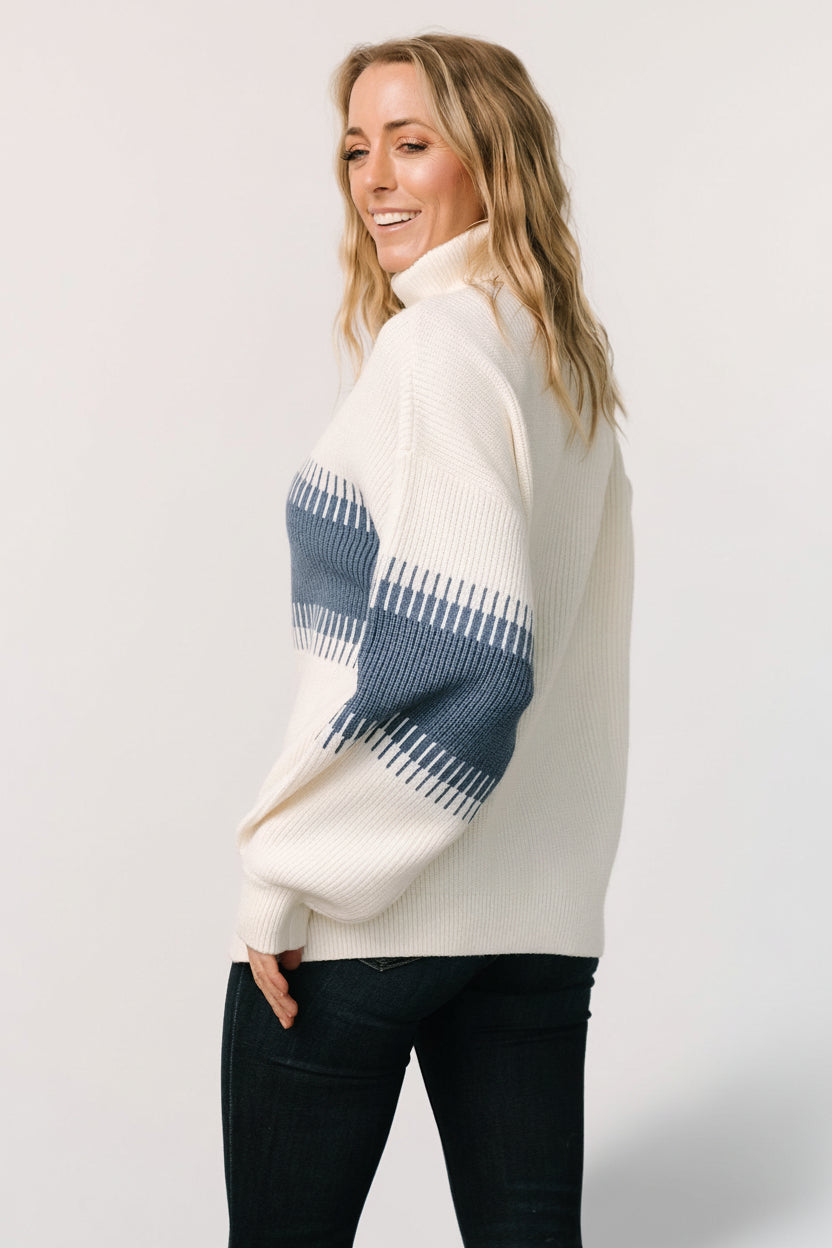 Detail shot of sleeve and cuff on the Antonov sweater, emphasizing the balloon sleeve shape, ribbed cuff, and soft textured knit surface.