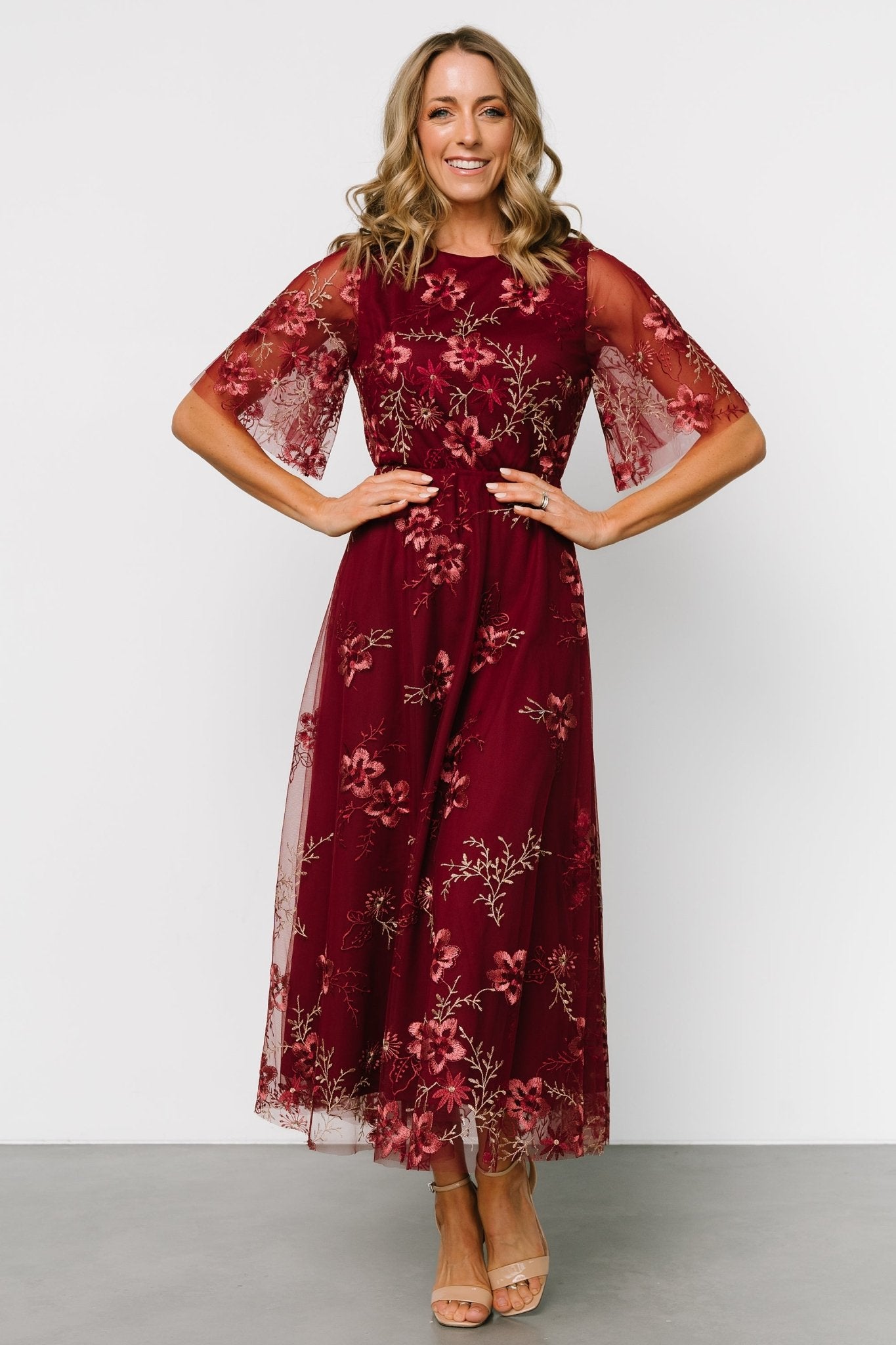 Arabella Embroidered Tulle Maxi Dress | Burgundy Floral | Baltic Born