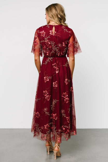 Arabella Embroidered Tulle Maxi Dress | Burgundy Floral - Baltic Born