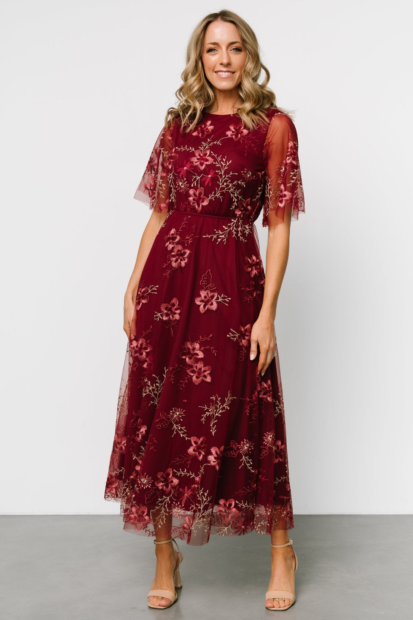 Arabella Embroidered Tulle Maxi Dress | Burgundy Floral - Baltic Born