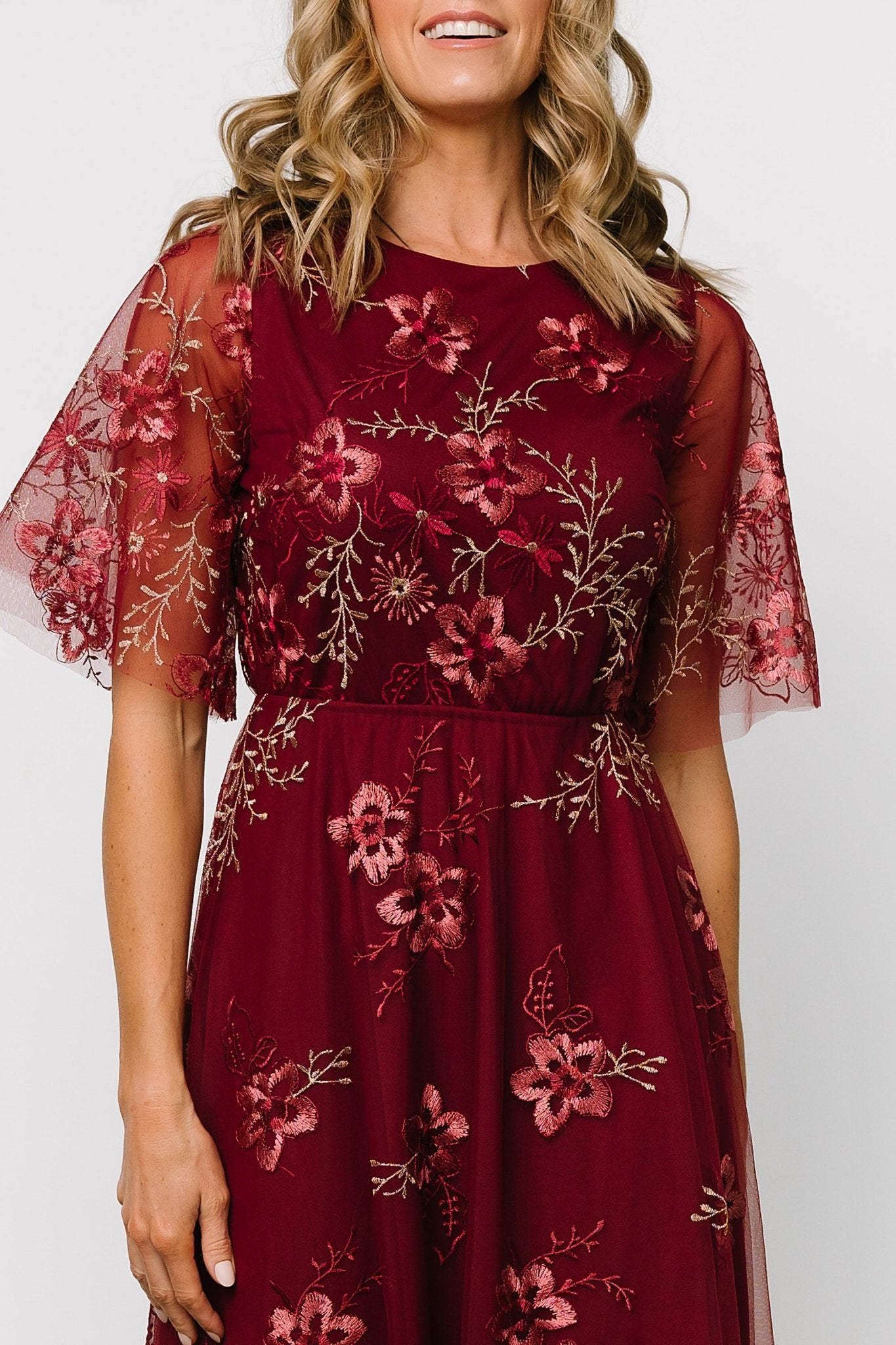 Arabella Embroidered Tulle Maxi Dress | Burgundy Floral - Baltic Born