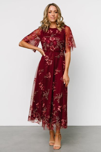 Arabella Embroidered Tulle Maxi Dress | Burgundy Floral - Baltic Born