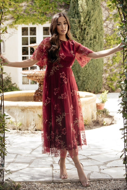 Arabella Embroidered Tulle Maxi Dress | Burgundy Floral - Baltic Born