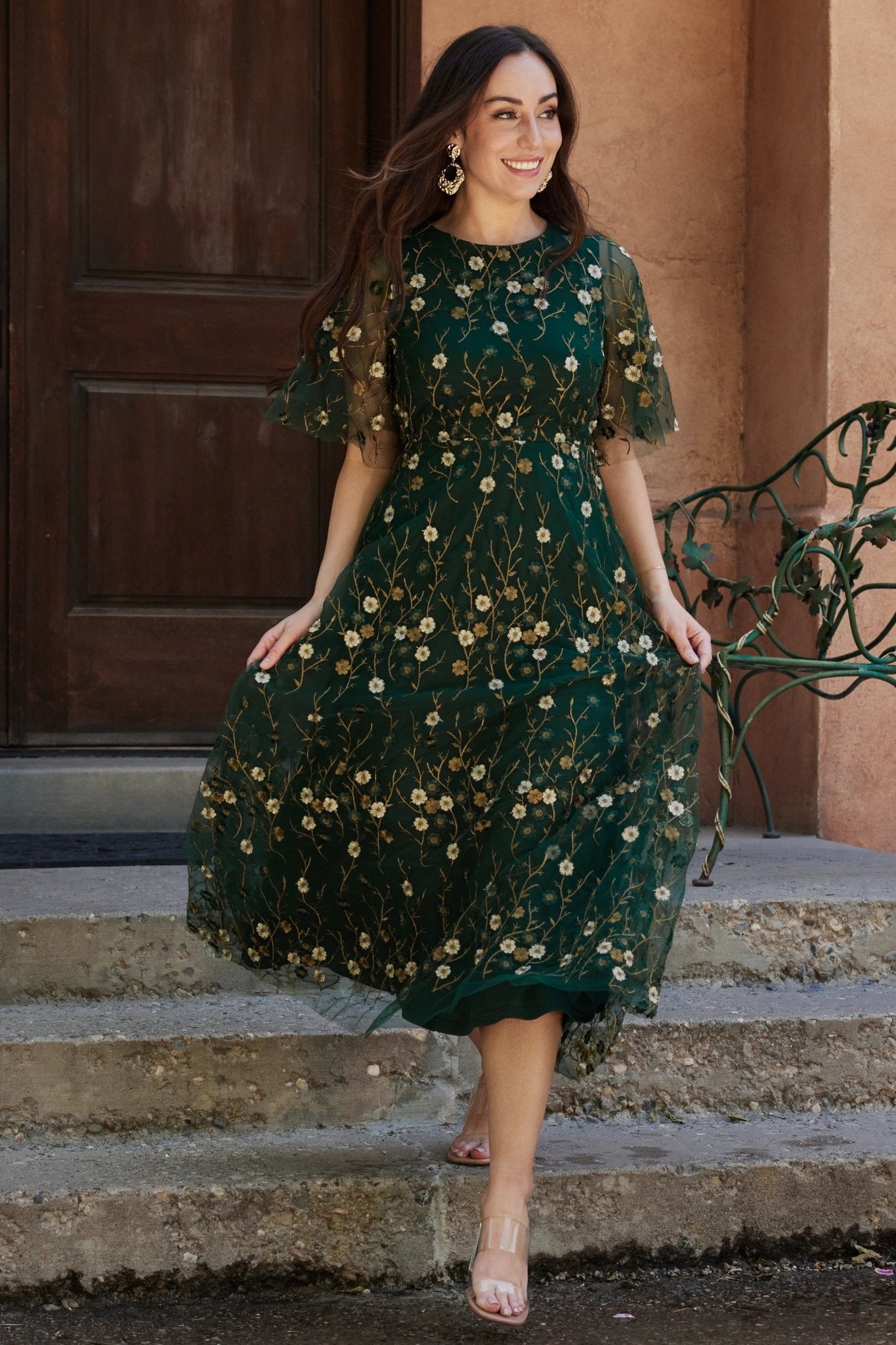 Arabella Embroidered Tulle Maxi Dress | Dark Green Floral - Baltic Born