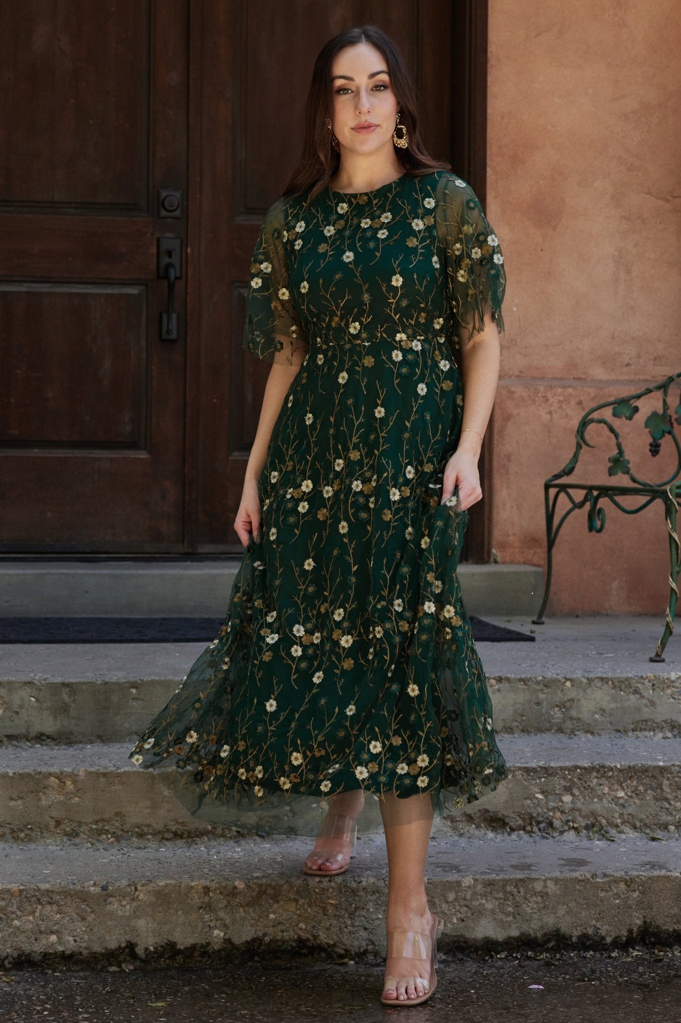 Arabella Embroidered Tulle Maxi Dress | Dark Green Floral - Baltic Born