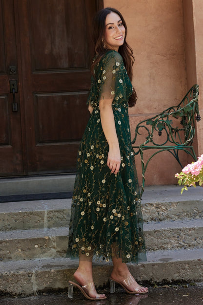 Arabella Embroidered Tulle Maxi Dress | Dark Green Floral - Baltic Born