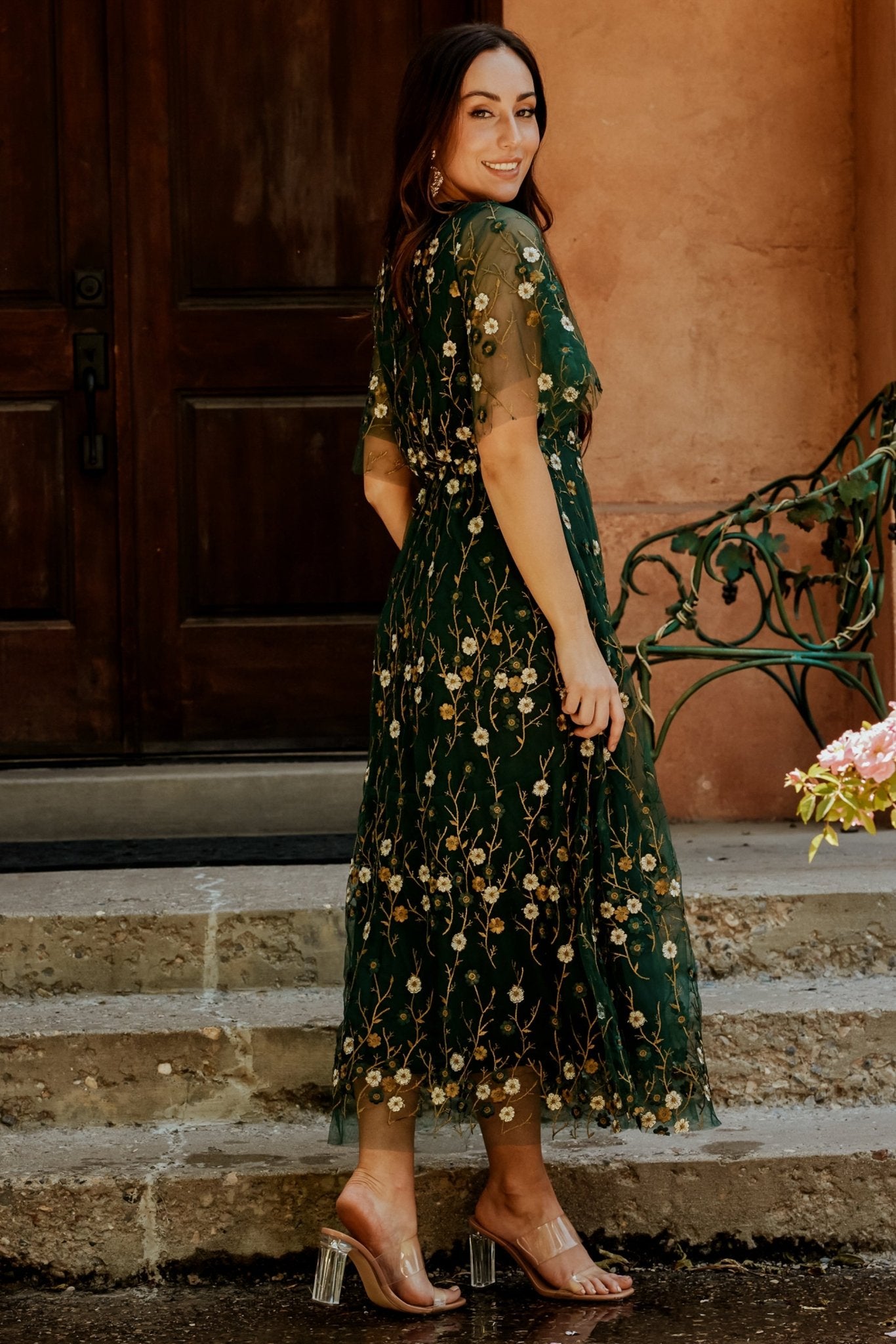 Arabella Embroidered Tulle Maxi Dress | Dark Green Floral | Baltic Born