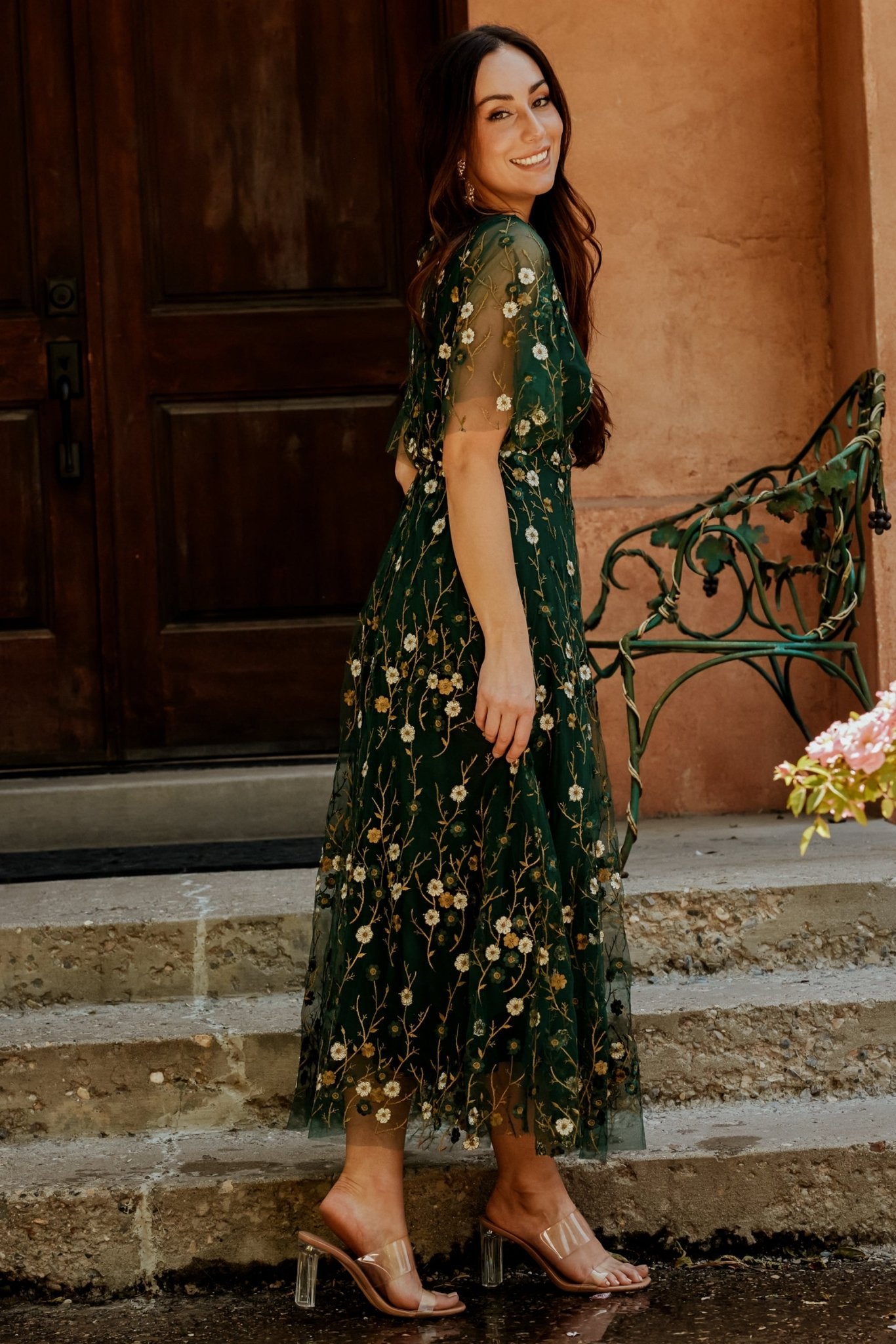 Arabella Embroidered Tulle Maxi Dress | Dark Green Floral | Baltic Born