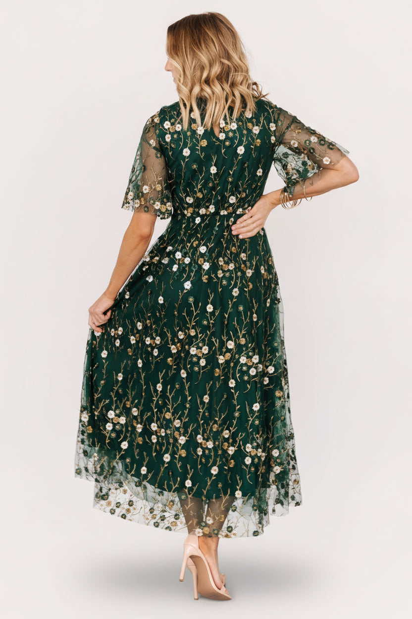 Arabella Embroidered Tulle Maxi Dress | Dark Green Floral Arabella Embroidered Tulle Maxi Dress | Dark Green Floral