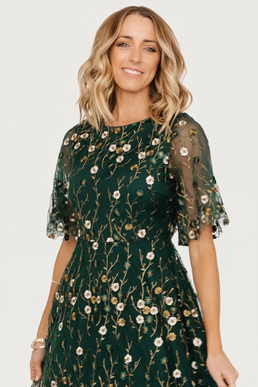 Arabella Embroidered Tulle Maxi Dress | Dark Green Floral