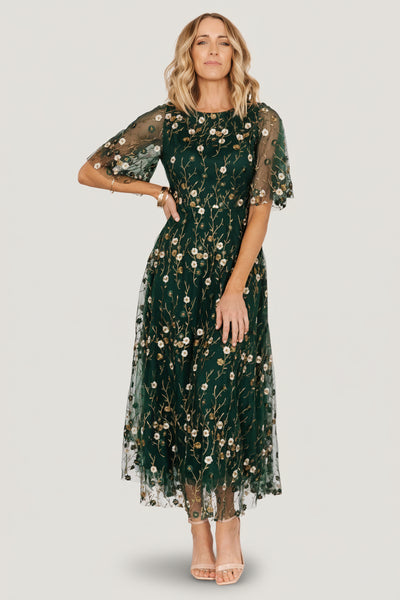 Arabella Tulle Maxi — Dark Green Floral